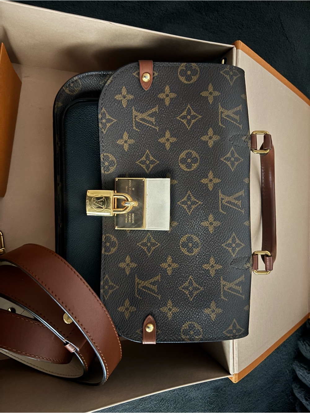 Louis Vuitton Monogram Canvas Messenger Bag with Brown Trim and Gold Hardware